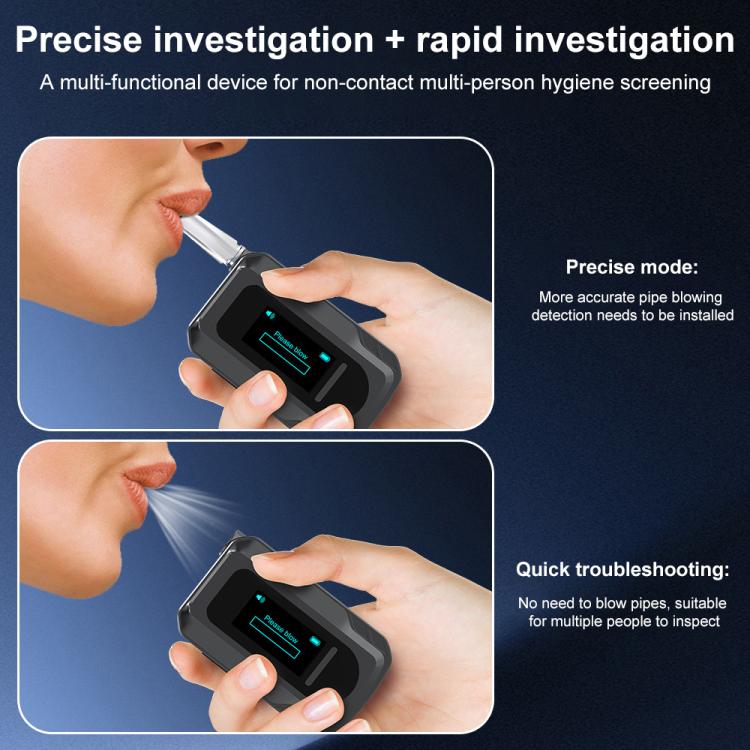 Handheld alcohol tester in use by blowing into the mouthpiece with %BAC display