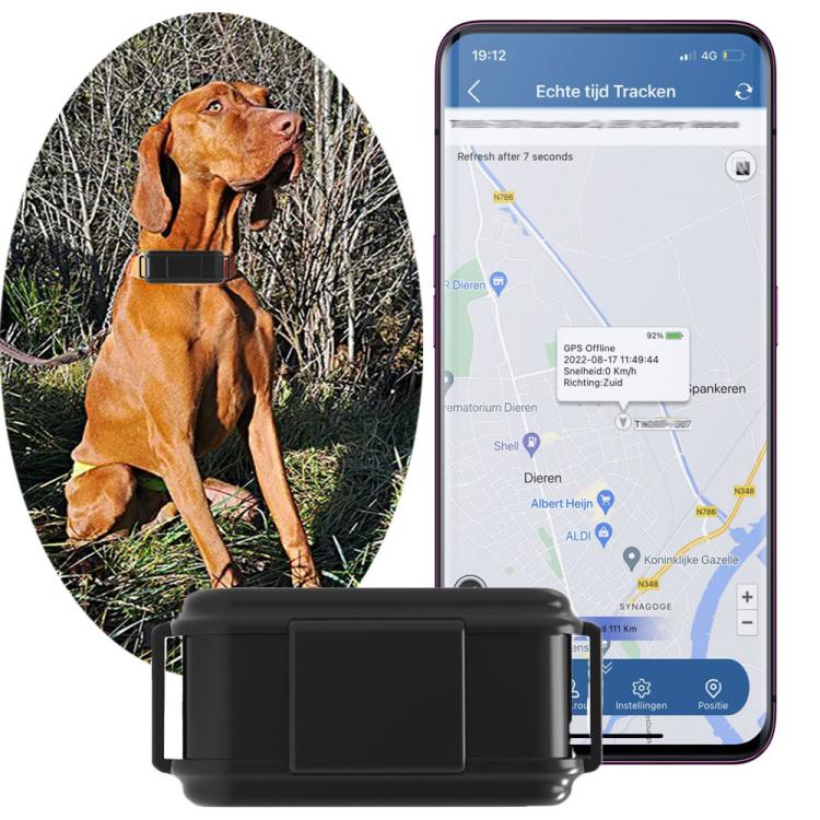 Waterproof GPS dog collar locator with black tracker and phone map display