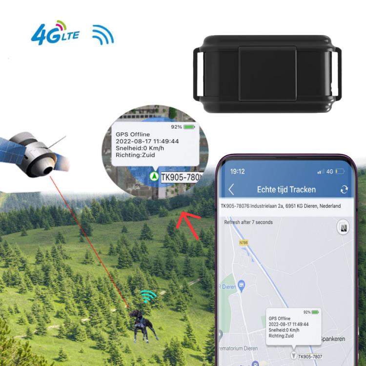 Waterproof GPS dog collar locator with black tracker and phone showing tracking route