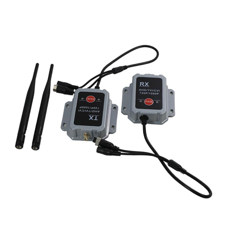 Wireless video transmitter receiver kit with two antennas and grey RX/TX modules