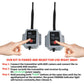 Hands pairing wireless TX and RX units with dual antennas; grey metal modules
