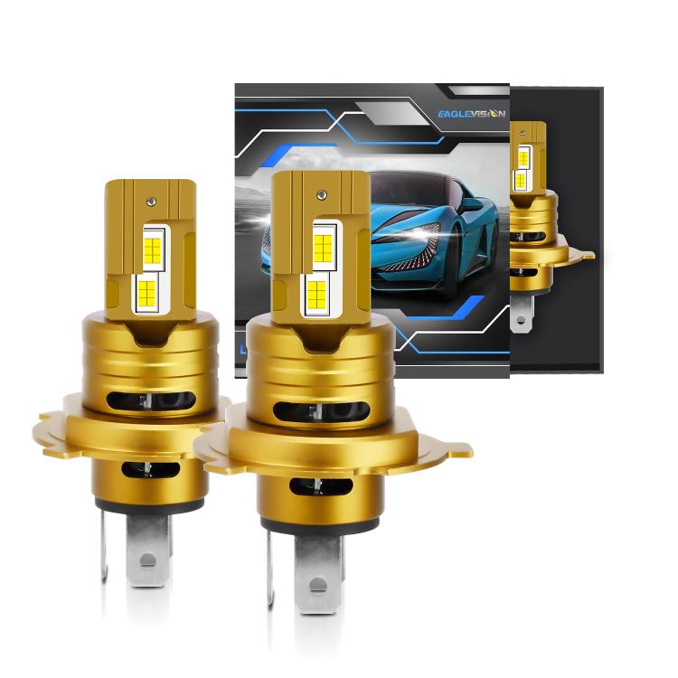 LED headlight bulbs, gold base, two-pack shown front view with installed-style pins