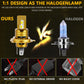 LED headlight bulb vs halogen comparison graphic with gold LED bulb
