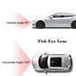 Car rear-view camera angle display showing lens field of view from top and side views