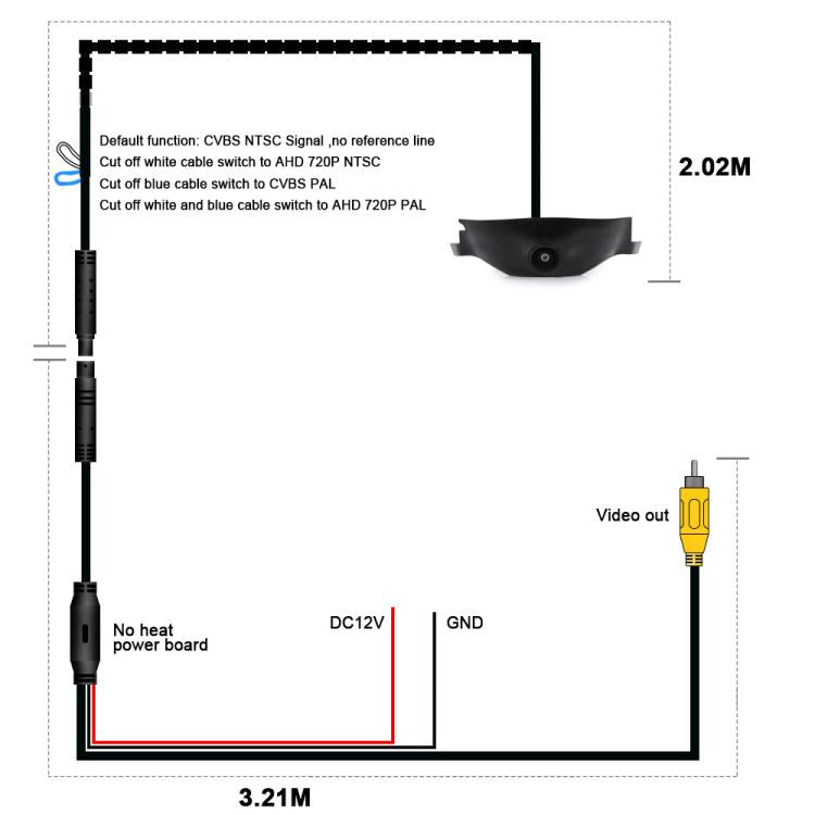 Camera wiring diagram with DC12V, GND, video out, and cable length labels