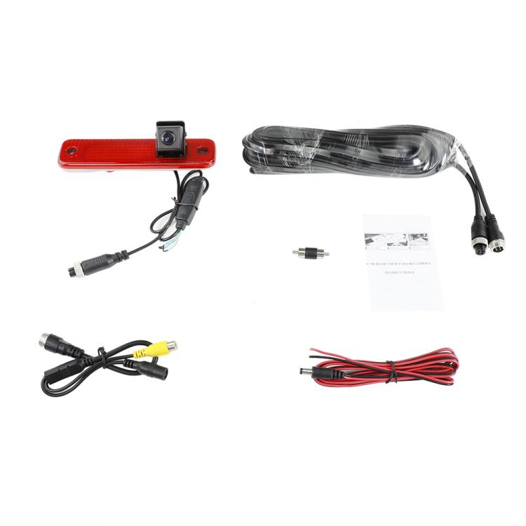 Brake light camera kit with lens unit, cable harness, and accessories