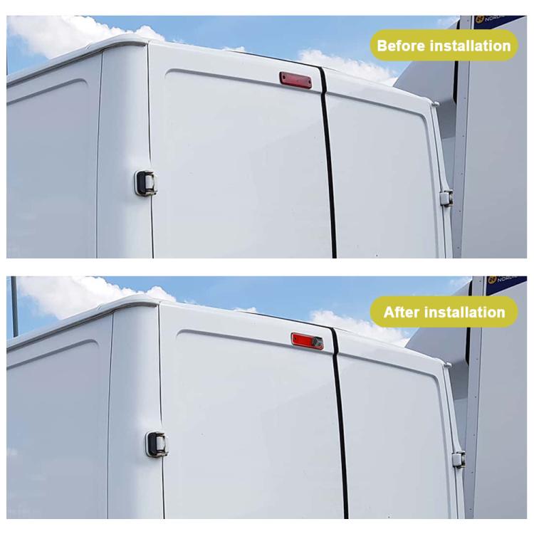 Brake light camera installed on rear of a white van with red lens