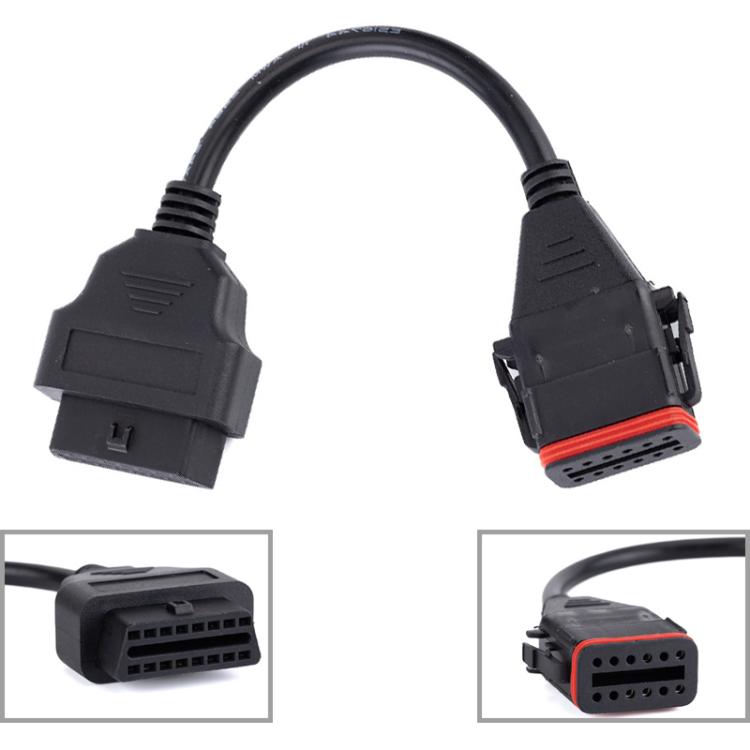 Truck diagnostic cable with 12-pin and 16-pin OBD connectors, black cable.