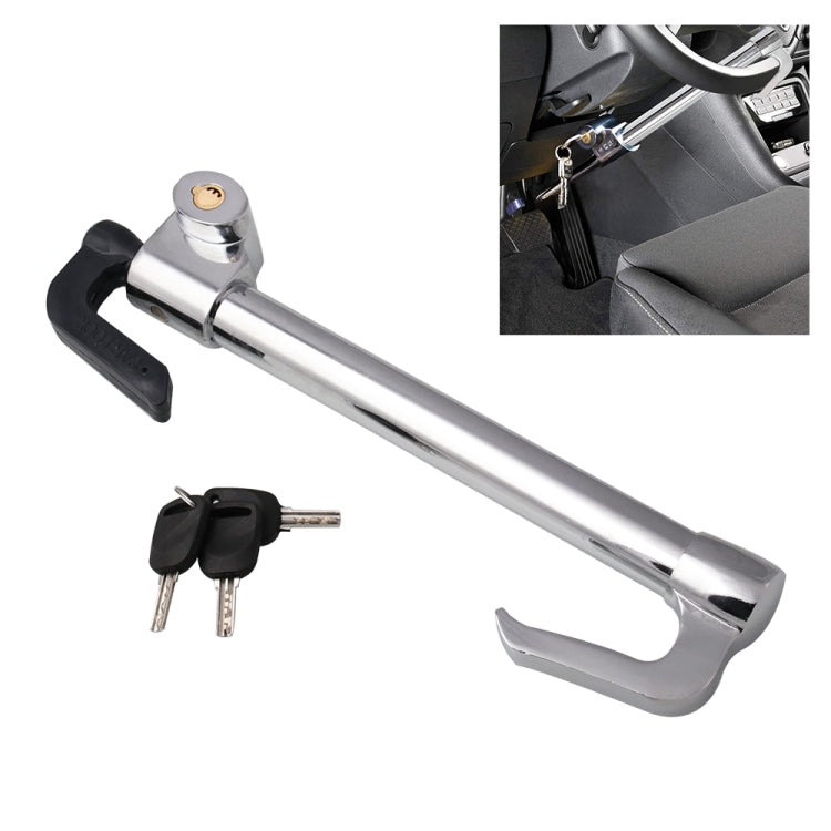 Extendable steering wheel lock with chrome bar, black rubber grips, and key included