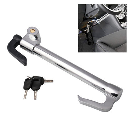 Extendable steering wheel lock with chrome bar, black rubber grips, and key included