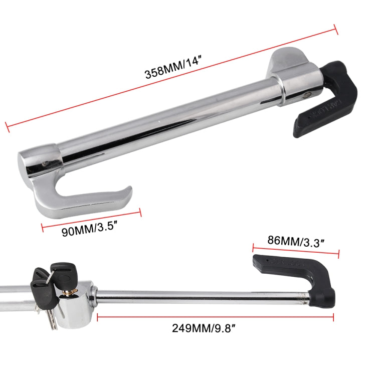 Extendable steering wheel lock with chrome bar and black clamp ends, length shown
