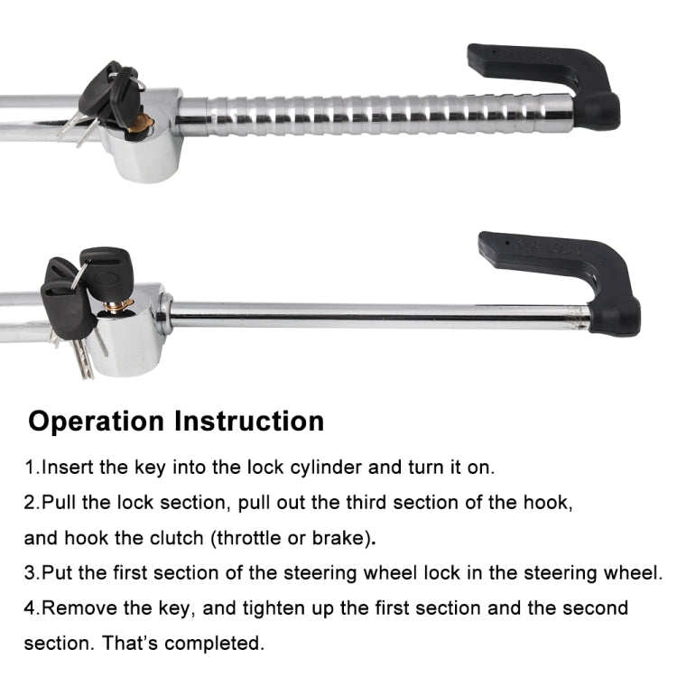 Extendable steering wheel lock with key inserted and black rubber clamps
