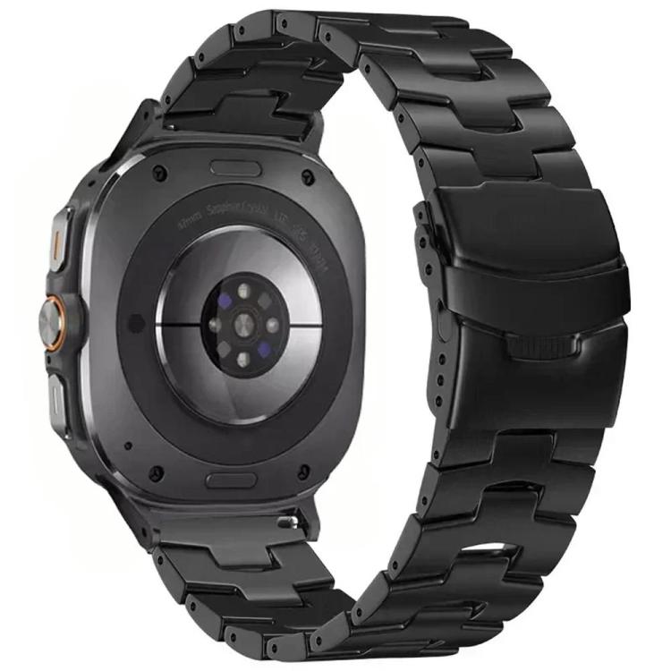 Black titanium alloy watch band with wide links and safety buckle, shown on the watch back