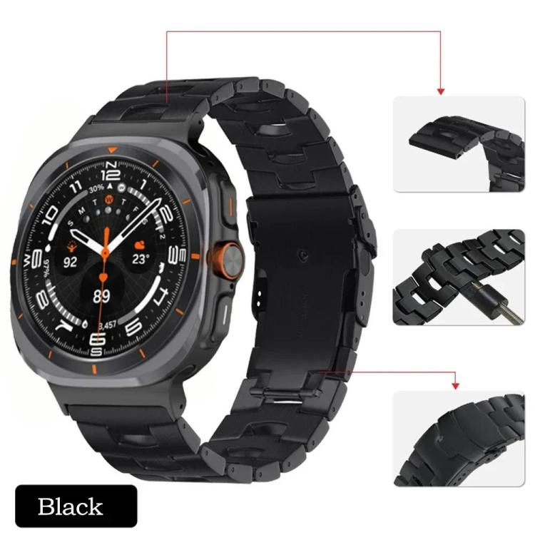Black titanium alloy watch band with linked design and safety buckle fitted to a smartwatch