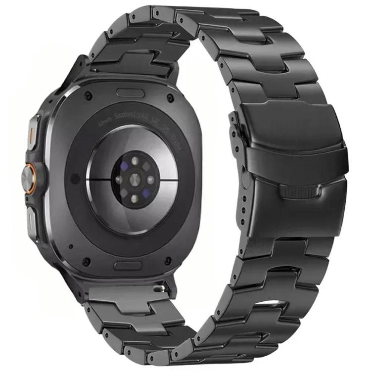 Black titanium alloy watch band with wide links and safety buckle, rear view