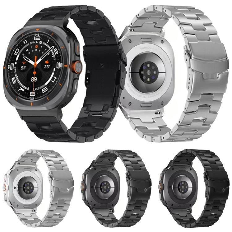 Titanium alloy watch bands in black and silver, shown on watches from front and rear