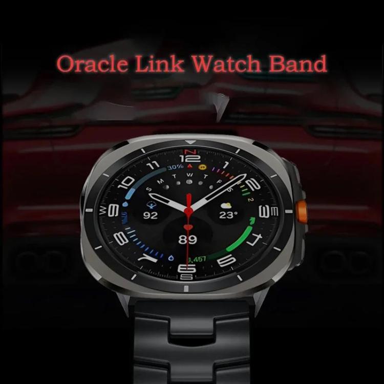 Black titanium alloy watch band fitted to a smartwatch with a dark display