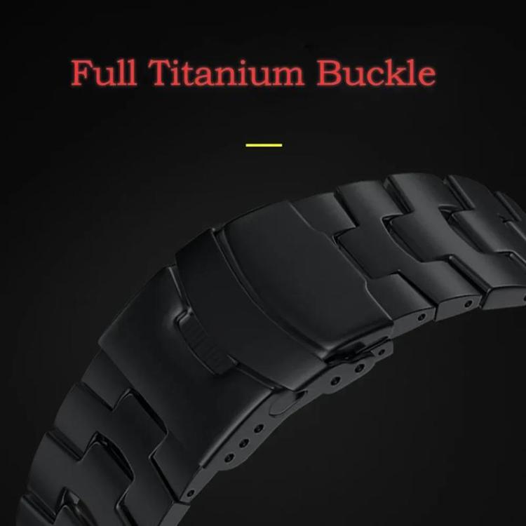 Close-up of the black titanium alloy band’s linked safety buckle