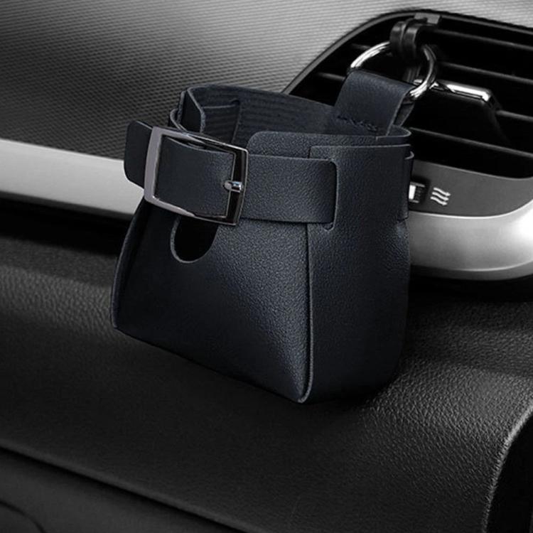 Car air vent hanging storage bag in dark PU leather with front buckle and hook