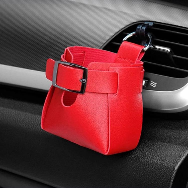 Car air vent hanging storage bag in red PU leather with front buckle and hook