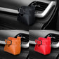 Car air vent hanging storage bag shown in black, orange, and red colors with buckle