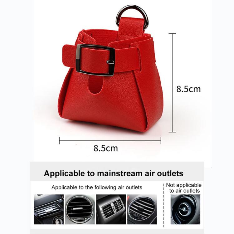 Red car air vent hanging storage bag with hook handle, front buckle, and side strap