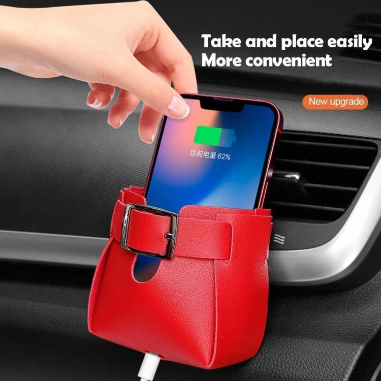 Red car air vent hanging storage bag holding a smartphone with strap and buckle
