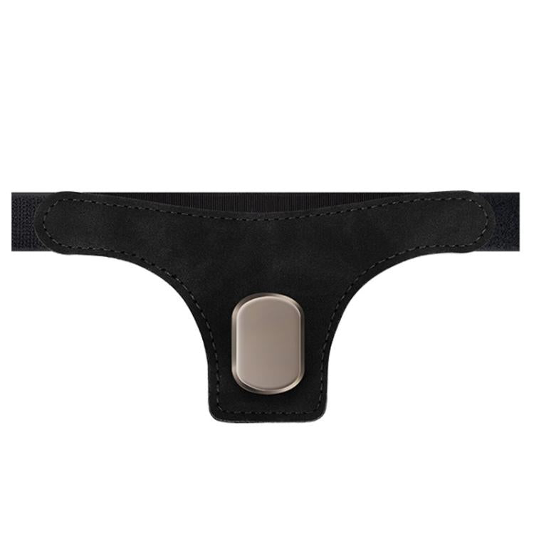 Black car seat back hanger hook with curved suede strap and metal mounting clip