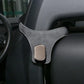 Car seat back hanger hook in grey suede with rounded metal clip for attachment