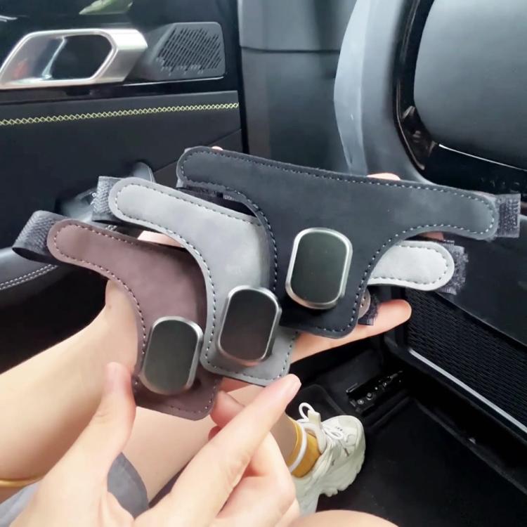 Set of car seat back hanger hooks in brown, grey, and black suede with clips