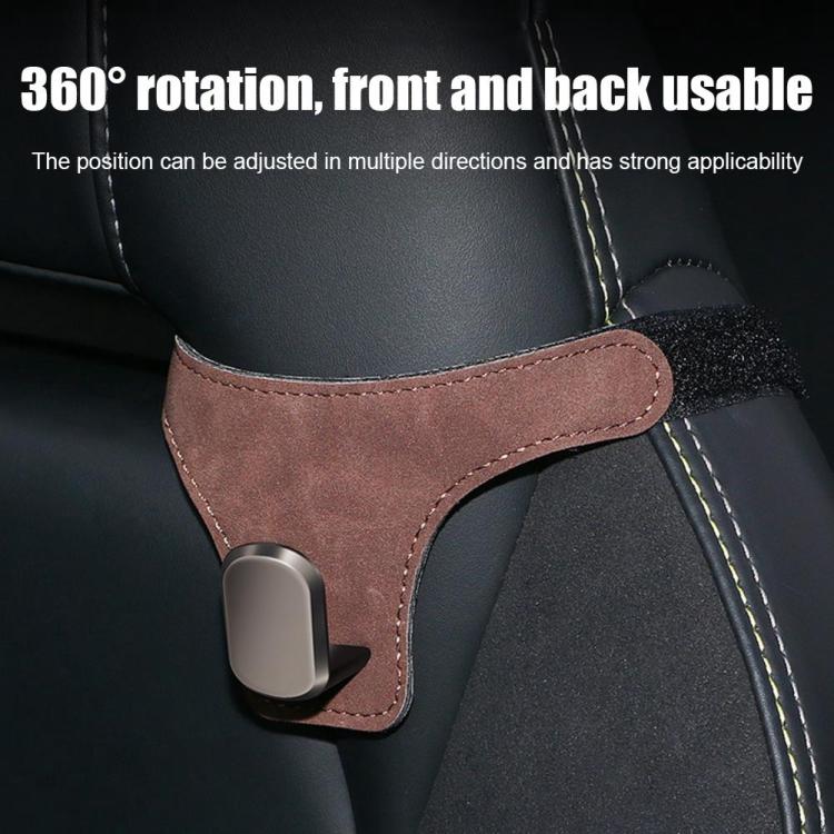 Brown car seat back hanger hook with suede strap and grey metal clip