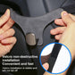 Grey car seat back hanger hook with suede strap, metal clip, and hook-and-loop tab