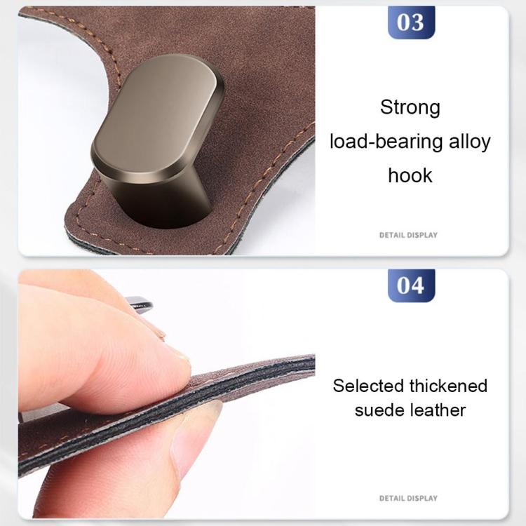 Car seat back hanger hook with brown suede leather pad and metal alloy hook