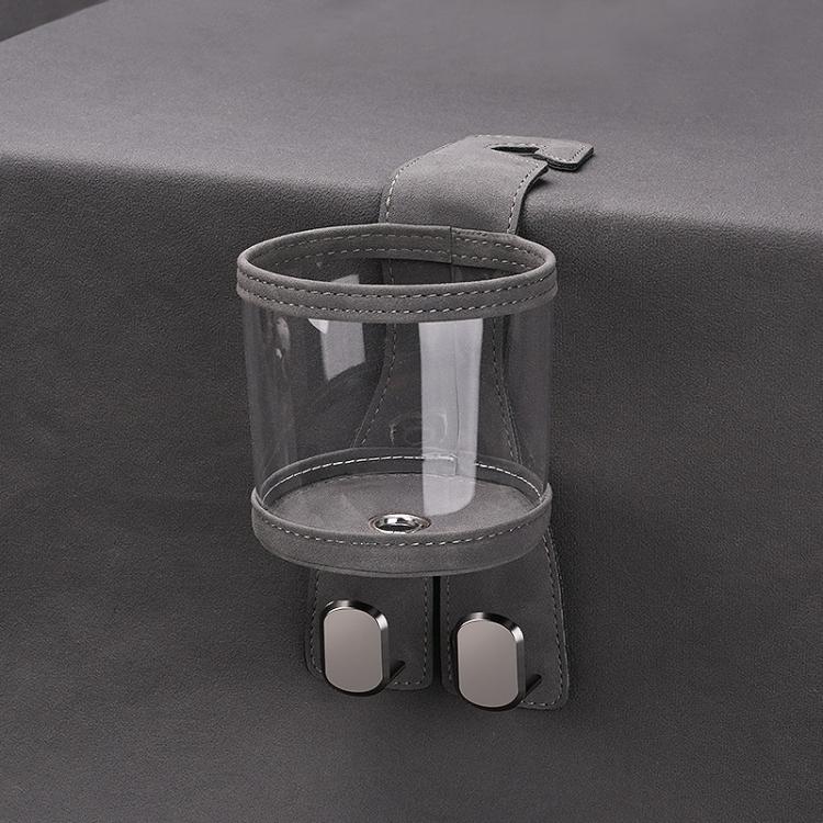 Grey car back seat cup holder with clear sleeve and dual hanger hooks