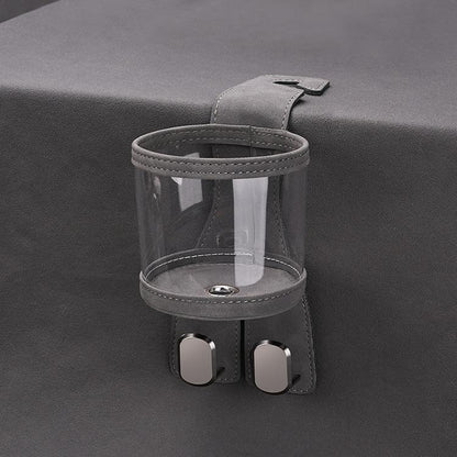 Grey car back seat cup holder with clear sleeve and dual hanger hooks