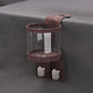 Brown car back seat cup holder with clear sleeve and dual hanger hooks