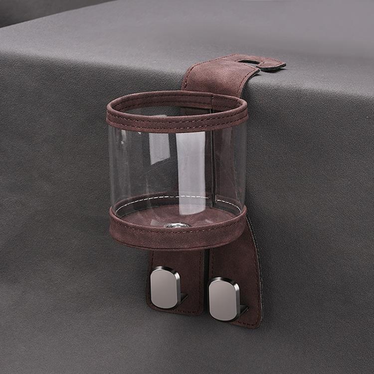 Brown car back seat cup holder with clear sleeve and dual hanger hooks