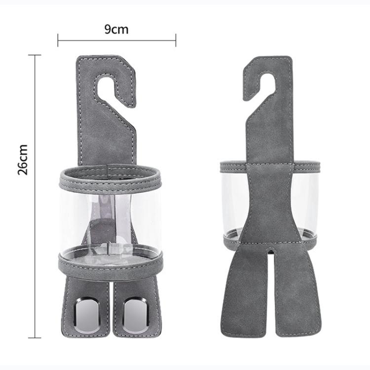 Grey car seat cup holder with clear cup sleeve and dual hanging hooks
