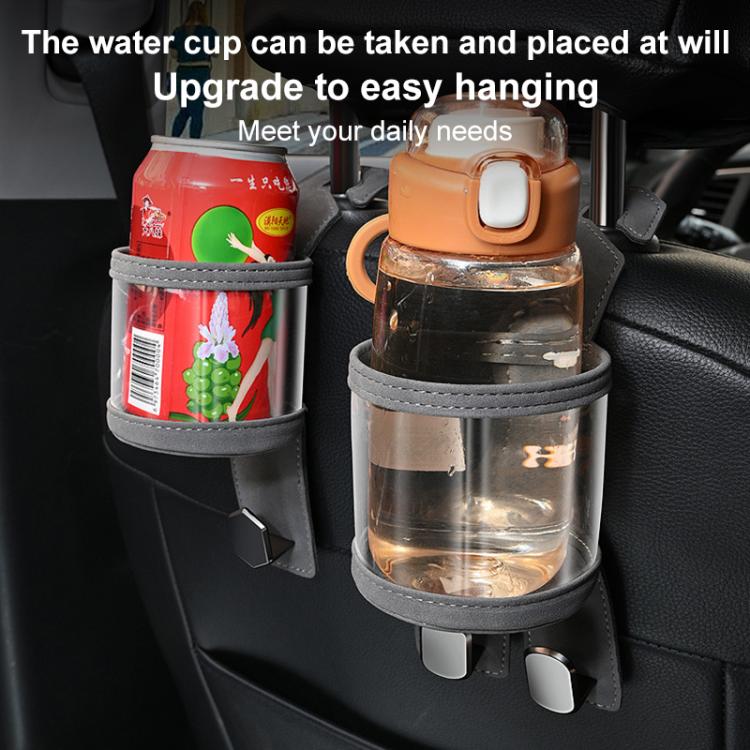 Grey transparent car cup holder with dual hooks holding a water can