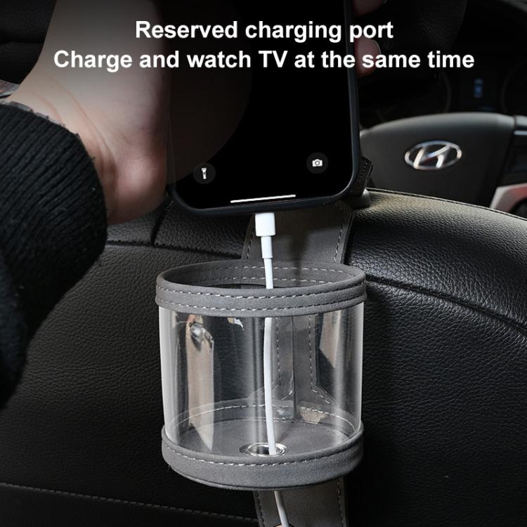 Grey car seat cup holder with clear sleeve and dual hooks