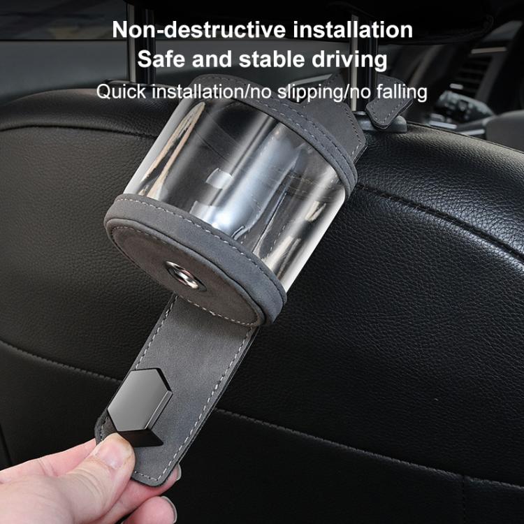 Grey car seat cup holder with clear sleeve and dual metal attachment hooks