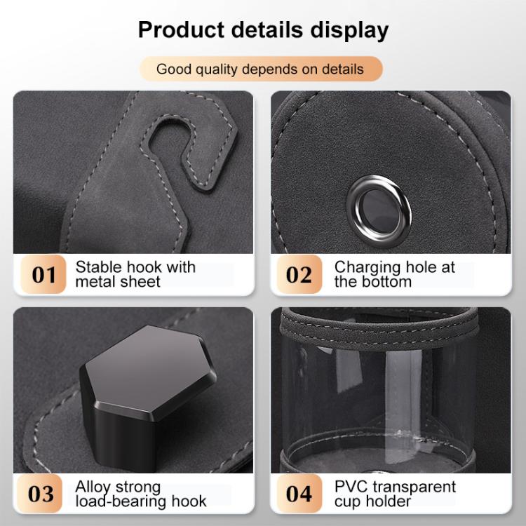 Grey car cup holder details: metal hook, base hole, clear PVC cup