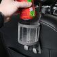 Grey car seat cup holder with clear sleeve and dual hooks holding a can