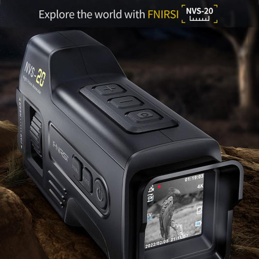 Black night vision device with adjustable top controls and front objective lens, handheld.