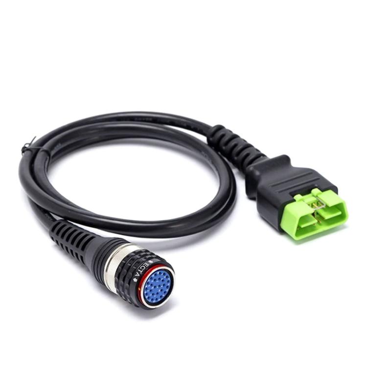 OBD2 diagnostic cable with green connector and blue D-sub plug