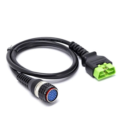 OBD2 diagnostic cable with green connector and blue D-sub plug
