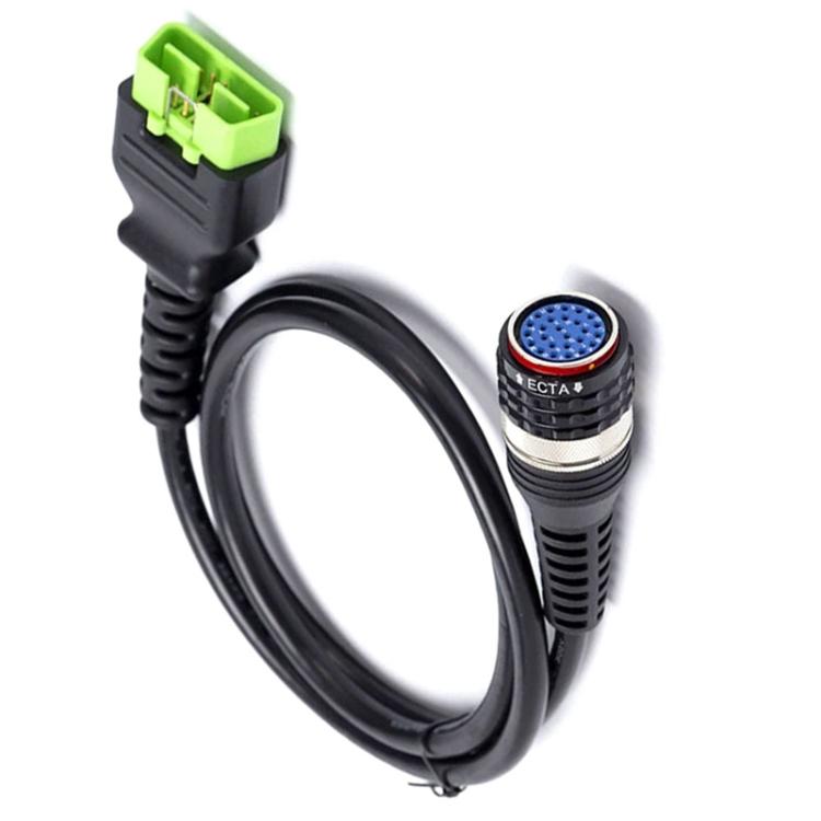OBD2 diagnostic cable with green multi-pin connector and D-sub plug