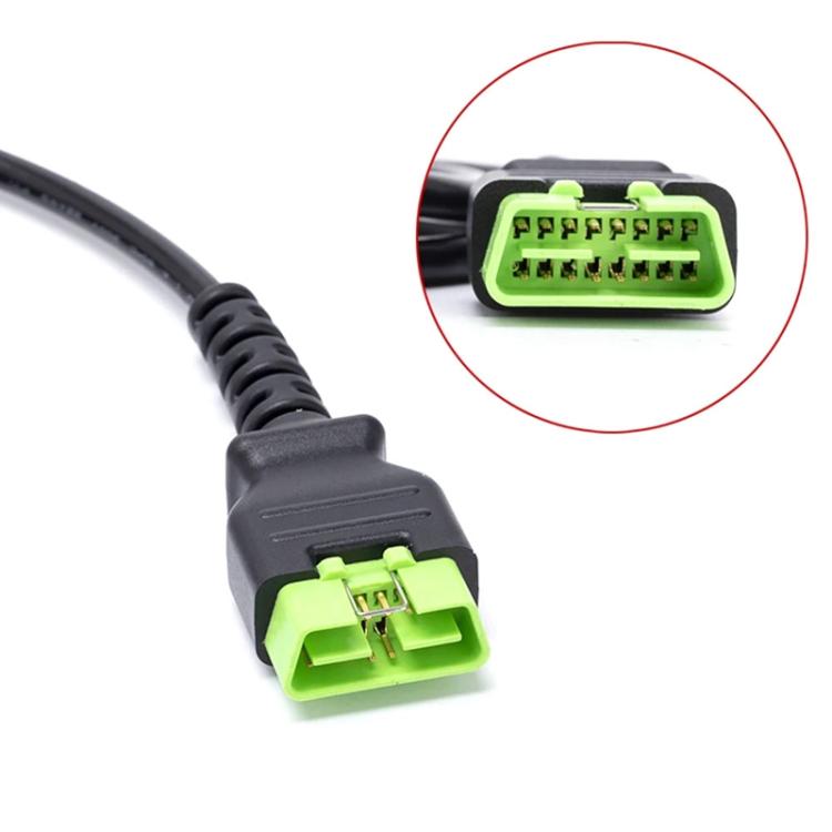 OBD2 cable end with green multi-pin connector