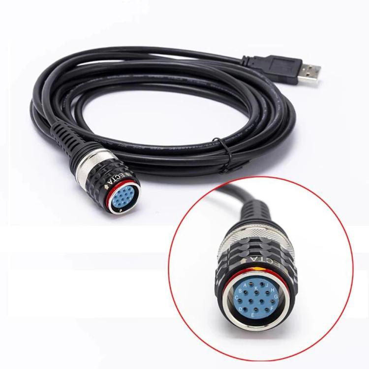 Black USB diagnostic cable with USB-A plug and circular 8-pin connector