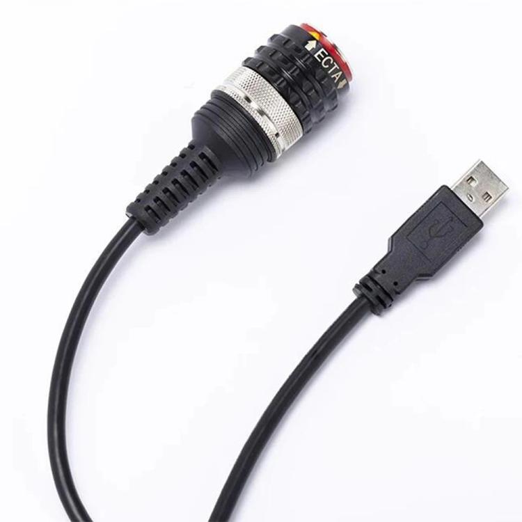 Black cable with USB-A plug and metal-banded circular connector with pins